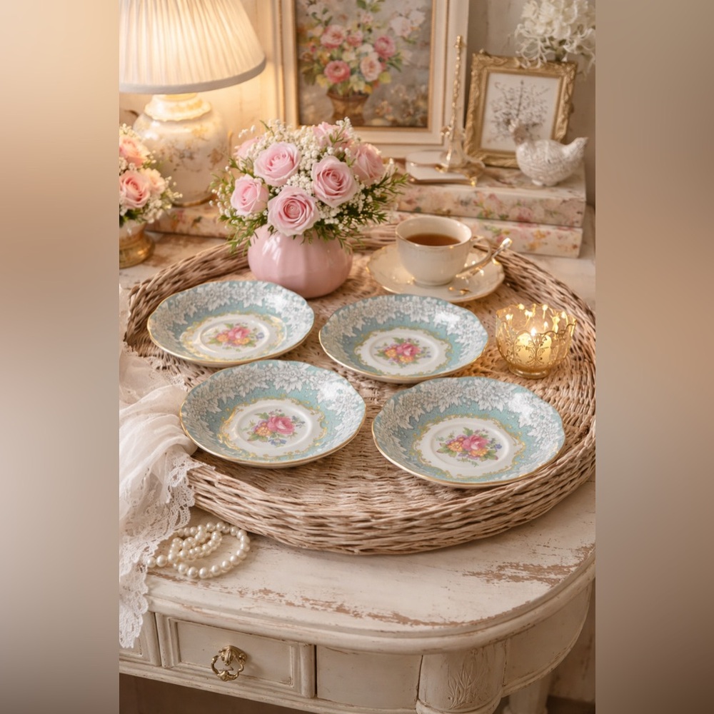 Royal Albert βEnchantmentβ β Set of 4 Saucers (Vintage Bone China)